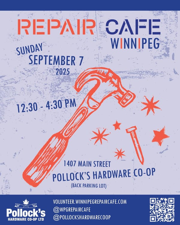 Repair Cafe at Pollock's Hardware Co-op, in the back parking lot of 1407 Main St. Sunday September 7th from 12:30-4:30.